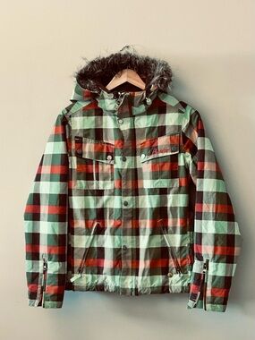 Burton Geo 3/2 Dryride Jacket Green/Orange Plaid Removable Hood Nylon Women's M